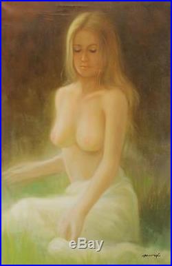 Vintage 1970s Artist Signed Sensual Nude Blonde Woman Portrait Oil Painting