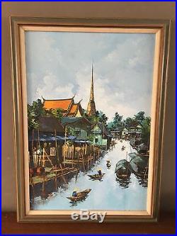 Vintage 1972 Bangkok Thailand Signed Oil Painting Fishing Village River Boats