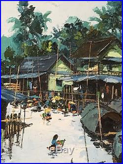 Vintage 1972 Bangkok Thailand Signed Oil Painting Fishing Village River Boats