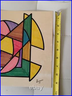 Vintage 1973 MCM Abstract Geometric Original Drawing Painting Signed D. McCredie