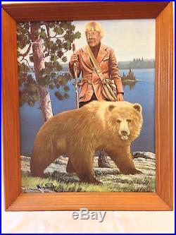 Vintage 1974 Hamm's Beer sign faux painting Mountain Man & Grizzly Bear retro