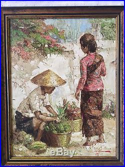 Vintage 1974 Signed Oil on Canvas Painting of 2 Figures Asian Farmer