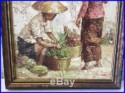 Vintage 1974 Signed Oil on Canvas Painting of 2 Figures Asian Farmer