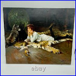 Vintage 1982 Original Oil Painting Dog And A Child With Book Signed By nortiz