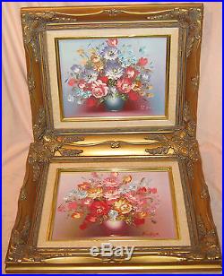 Vintage 2 Original ROBERT COX OIL on CANVAS Floral Painting FLOWERS GOLD FRAMES