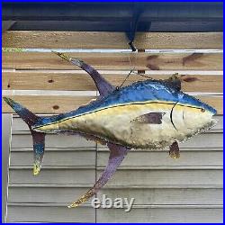 Vintage 3FT Trade Sign Rustic Hand Painted Metal Blue Fin Tuna Fish Sculpture 3D