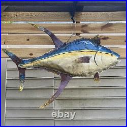Vintage 3FT Trade Sign Rustic Hand Painted Metal Blue Fin Tuna Fish Sculpture 3D