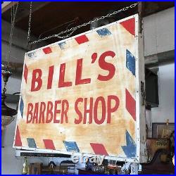 Vintage 3'x4' Hand Painted Bill's Barber ShopDouble Sided Metal Face Wood Side