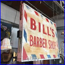 Vintage 3'x4' Hand Painted Bill's Barber ShopDouble Sided Metal Face Wood Side