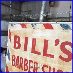 Vintage 3'x4' Hand Painted Bill's Barber ShopDouble Sided Metal Face Wood Side