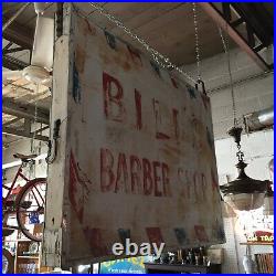 Vintage 3'x4' Hand Painted Bill's Barber ShopDouble Sided Metal Face Wood Side