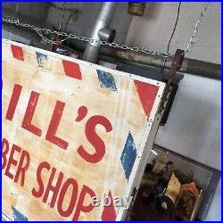 Vintage 3'x4' Hand Painted Bill's Barber ShopDouble Sided Metal Face Wood Side