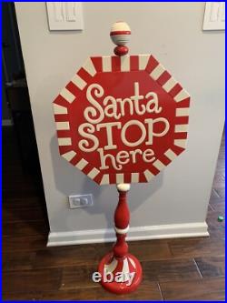 Vintage 44Porcelain Paint Metal Sign Santa STOP here Santa Claus Christmas 50's