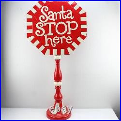 Vintage 44Porcelain Paint Metal Sign Santa STOP here Santa Claus Christmas 50's