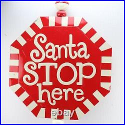 Vintage 44Porcelain Paint Metal Sign Santa STOP here Santa Claus Christmas 50's