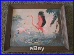 Vintage 50's 60's framed & signed FLAMINGO PAINT BY NUMBER wall art 30 x 24