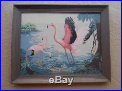 Vintage 50's 60's framed & signed FLAMINGO PAINT BY NUMBER wall art 30 x 24