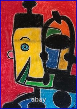 Vintage 60s Abstract Cubist Head Chalk Painting Mid Century Modern Signed