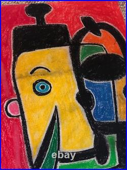 Vintage 60s Abstract Cubist Head Chalk Painting Mid Century Modern Signed