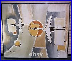 Vintage 70s Painting Abstract Birds Signed