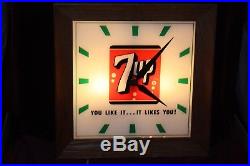 Vintage 7up Soda Lighted Clock Sign General Store Advertising Reverse Paint