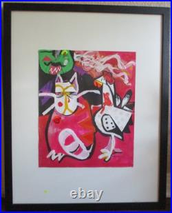 Vintage 80s Audrey Johnson Abstract Mixed Media Painting Cat Chicken Art Signed