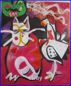 Vintage 80s Audrey Johnson Abstract Mixed Media Painting Cat Chicken Art Signed