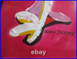 Vintage 80s Audrey Johnson Abstract Mixed Media Painting Cat Chicken Art Signed
