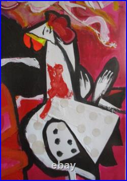 Vintage 80s Audrey Johnson Abstract Mixed Media Painting Cat Chicken Art Signed