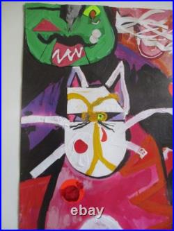 Vintage 80s Audrey Johnson Abstract Mixed Media Painting Cat Chicken Art Signed