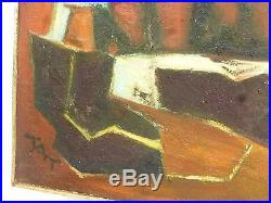 Vintage ABSTRACT MODERNIST BRUTALIST OIL PAINTING ARCHITONIC MID CENTURY Signed