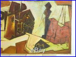 Vintage ABSTRACT MODERNIST BRUTALIST OIL PAINTING ARCHITONIC MID CENTURY Signed