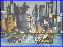 Vintage ABSTRACT NEW YORK SKYLINE OIL PAINTING MID CENTURY MODERN Signed 1958