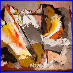 Vintage ABSTRACT hand painted original oil PAINTING taupe orange by M. H. Burke