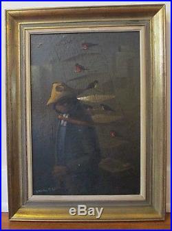 Vintage A. Morales R. Mexican Artist Original Signed O/C Painting Man with Birds