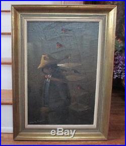 Vintage A. Morales R. Mexican Artist Original Signed O/C Painting Man with Birds