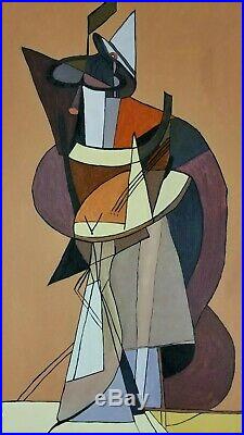 Vintage Abstract Cubism Painting Signed C Ney Mid Century Style Modernist Large