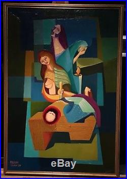 Vintage Abstract Modern Cubist Nativity Scene Original Oil Painting 1972 Signed