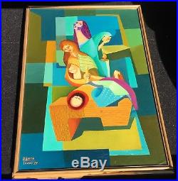 Vintage Abstract Modern Cubist Nativity Scene Original Oil Painting 1972 Signed