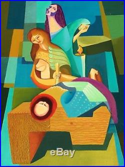 Vintage Abstract Modern Cubist Nativity Scene Original Oil Painting 1972 Signed