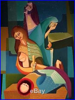 Vintage Abstract Modern Cubist Nativity Scene Original Oil Painting 1972 Signed