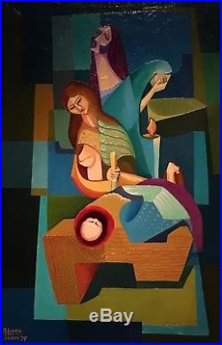 Vintage Abstract Modern Cubist Nativity Scene Original Oil Painting 1972 Signed