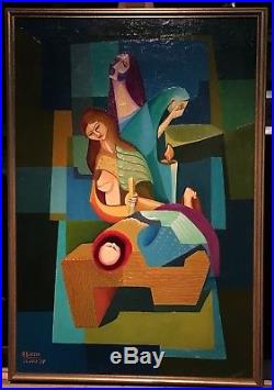 Vintage Abstract Modern Cubist Nativity Scene Original Oil Painting 1972 Signed