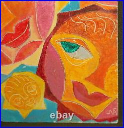 Vintage Abstract Surrealist Figures Faces Oil Painting Signed