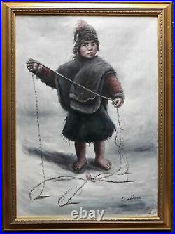 Vintage American Alaskan Inuit Oil/canvas Young Boy Signed Audino