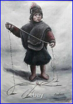 Vintage American Alaskan Inuit Oil/canvas Young Boy Signed Audino