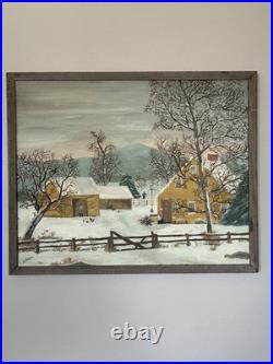 Vintage American Folk Art Naive Winter Snow Scene Oil Painting Signed Beauty