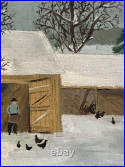 Vintage American Folk Art Naive Winter Snow Scene Oil Painting Signed Beauty