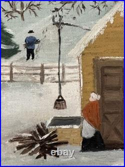 Vintage American Folk Art Naive Winter Snow Scene Oil Painting Signed Beauty