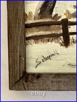 Vintage American Folk Art Naive Winter Snow Scene Oil Painting Signed Beauty